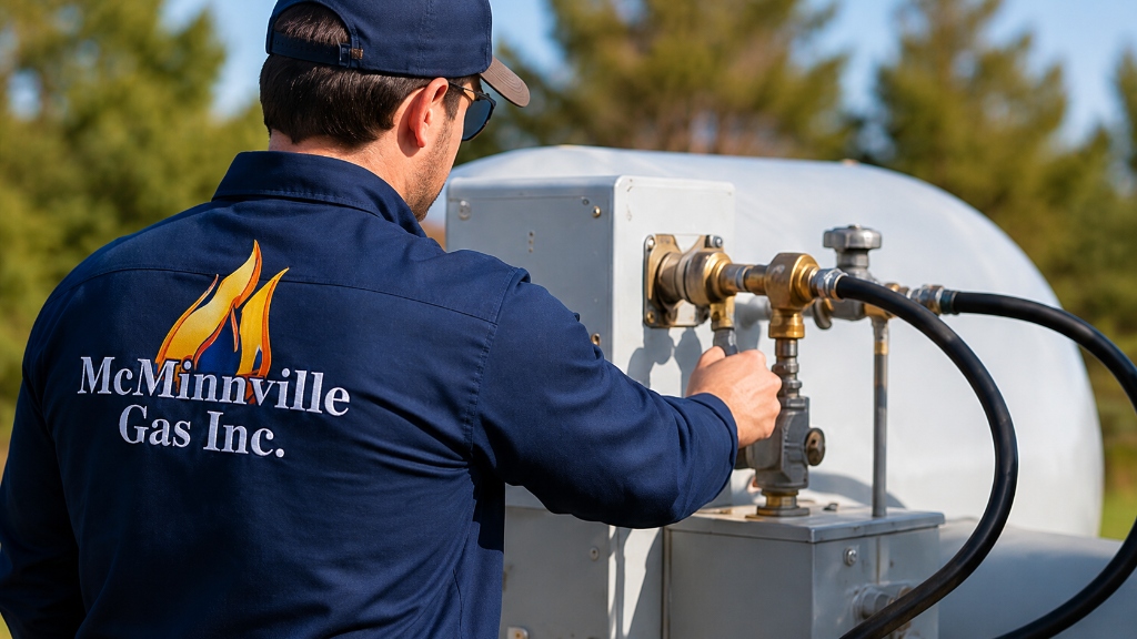 McMinnville Gas technician servicing propane tank